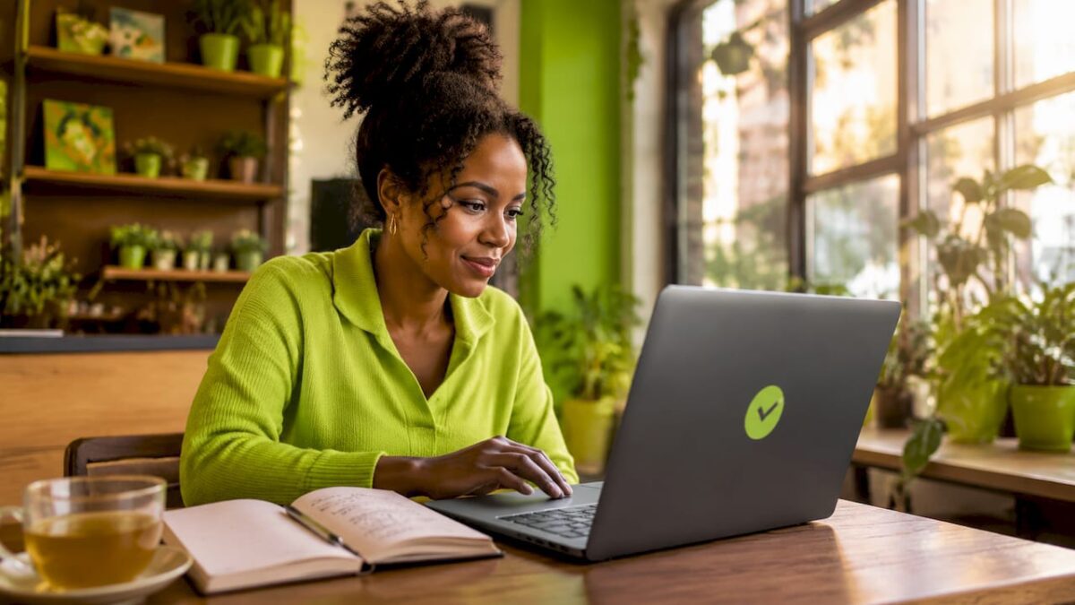 Woman setting up e-commerce online store at home desk