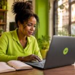 Woman setting up e-commerce online store at home desk
