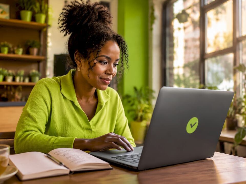 Woman setting up e-commerce online store at home desk