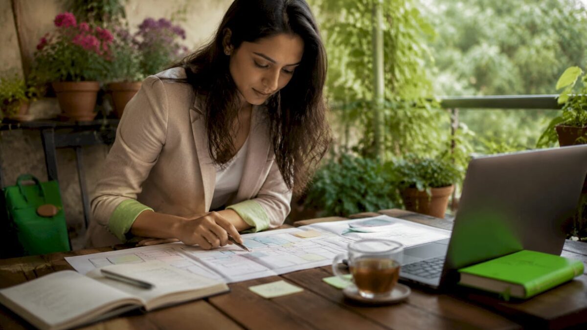 Woman reviewing ecommerce user journey maps at kitchen table