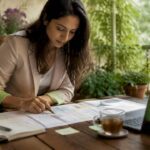 Woman reviewing ecommerce user journey maps at kitchen table