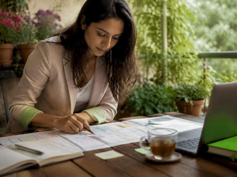 Woman reviewing ecommerce user journey maps at kitchen table