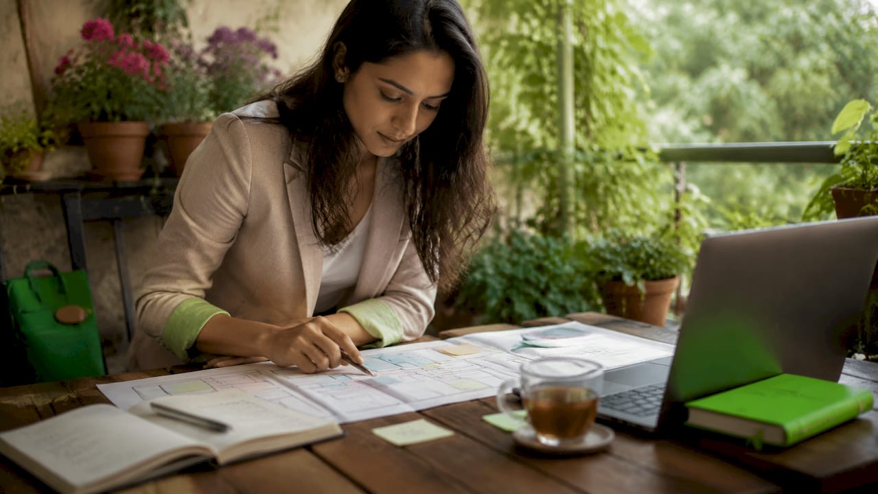 Woman reviewing ecommerce user journey maps at kitchen table