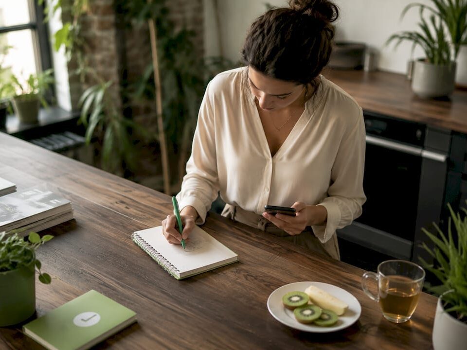 Woman planning content strategy at home table