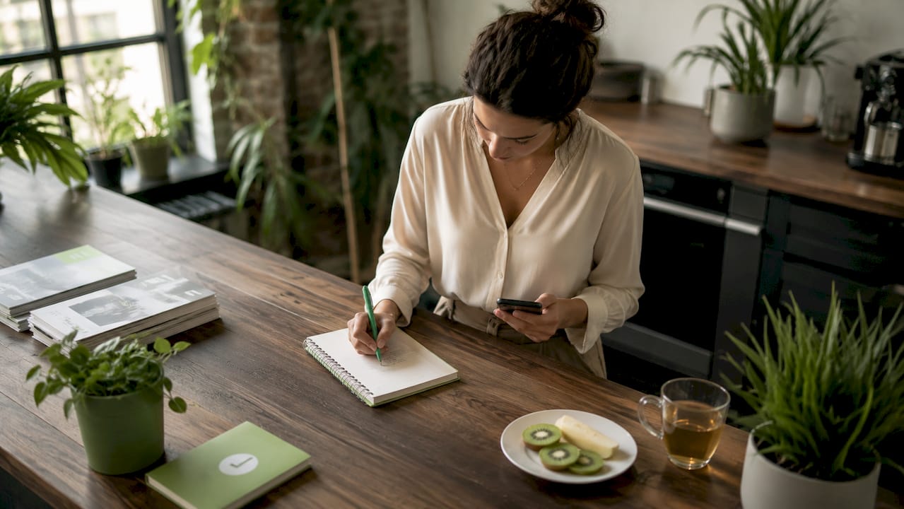 Woman planning content strategy at home table