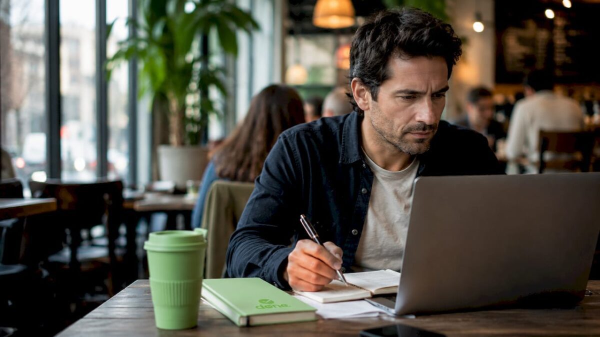 Small business owner reviewing SEO data at desk