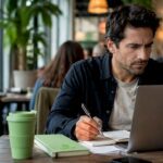 Small business owner reviewing SEO data at desk