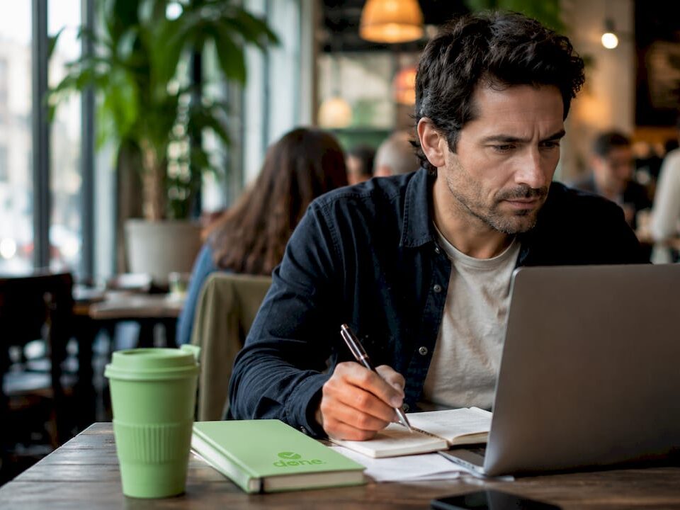 Small business owner reviewing SEO data at desk