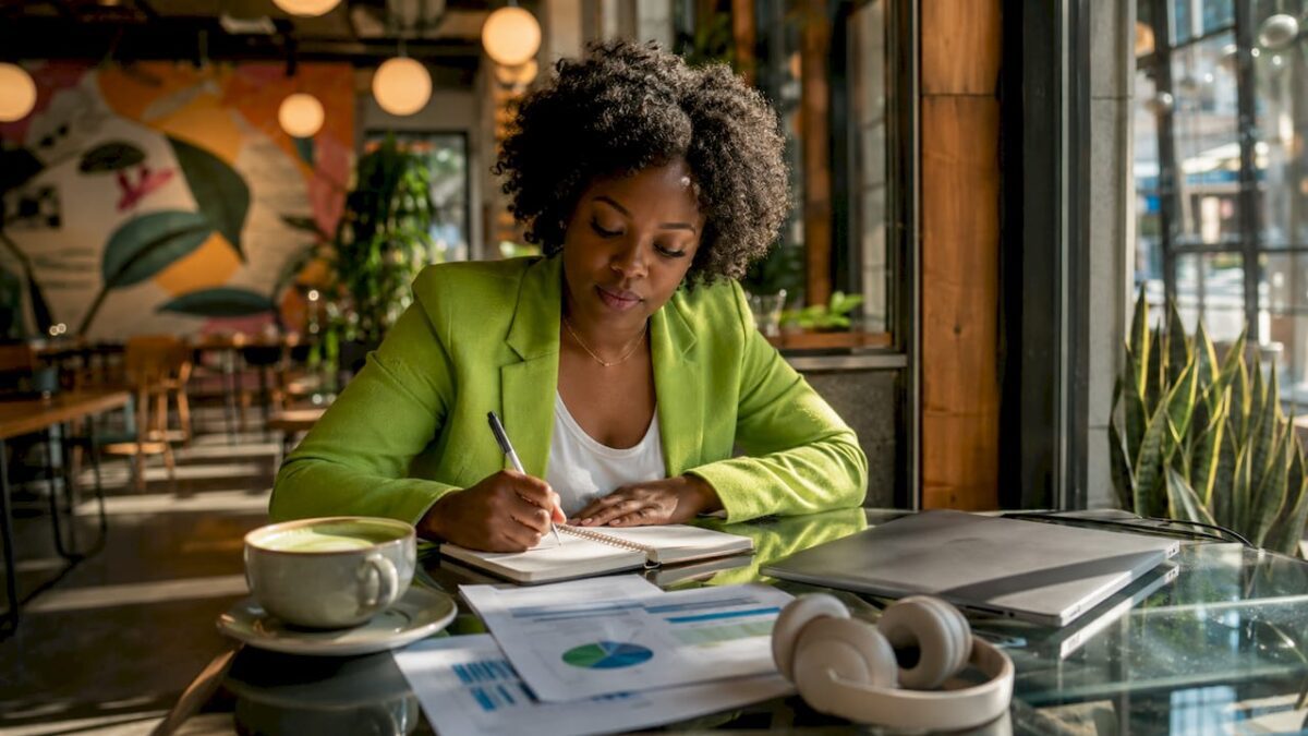Woman planning digital communication strategy at table