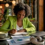 Woman planning digital communication strategy at table