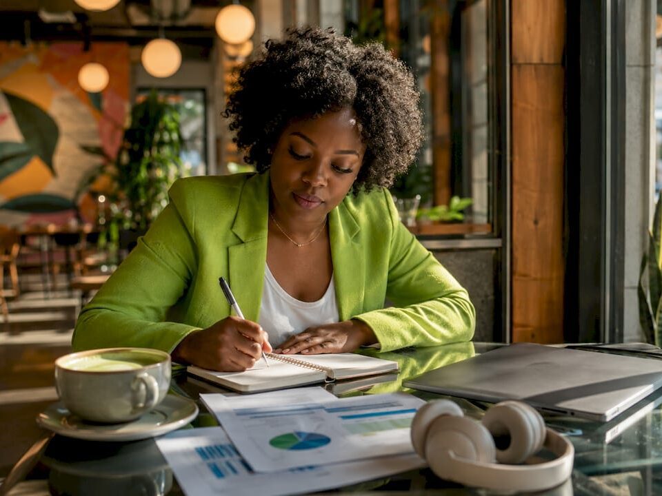 Woman planning digital communication strategy at table