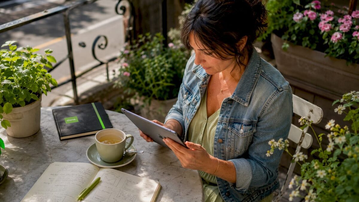 Woman reviewing digital documents in café