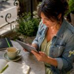 Woman reviewing digital documents in café