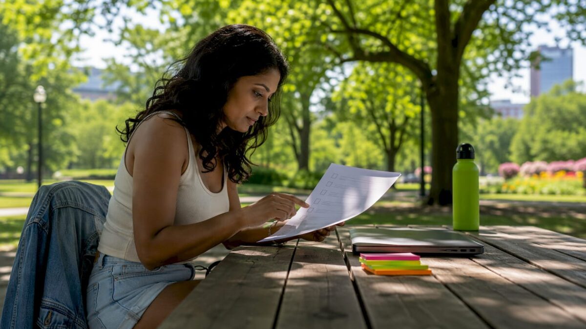 Woman reviewing printed e-commerce SEO checklist at table