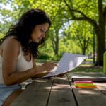 Woman reviewing printed e-commerce SEO checklist at table