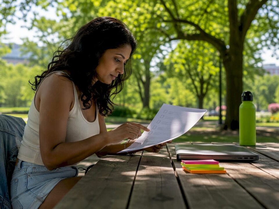 Woman reviewing printed e-commerce SEO checklist at table