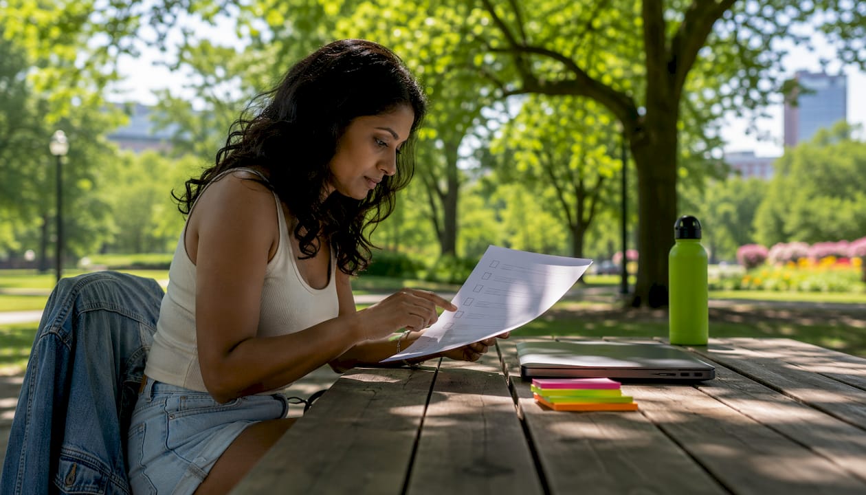 Woman reviewing printed e-commerce SEO checklist at table