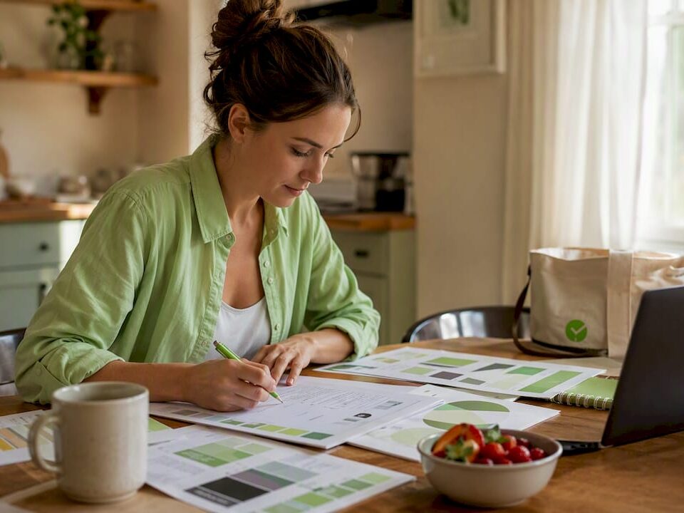 Woman reviewing brand guide in home office
