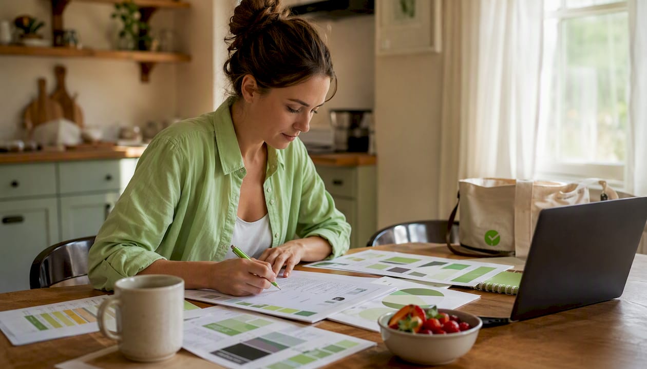 Woman reviewing brand guide in home office