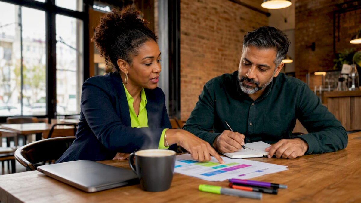 Consultant and SME owner discussing branding strategy