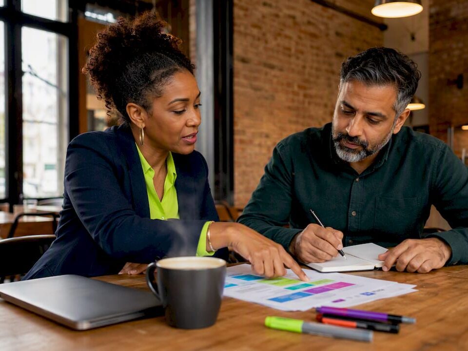 Consultant and SME owner discussing branding strategy
