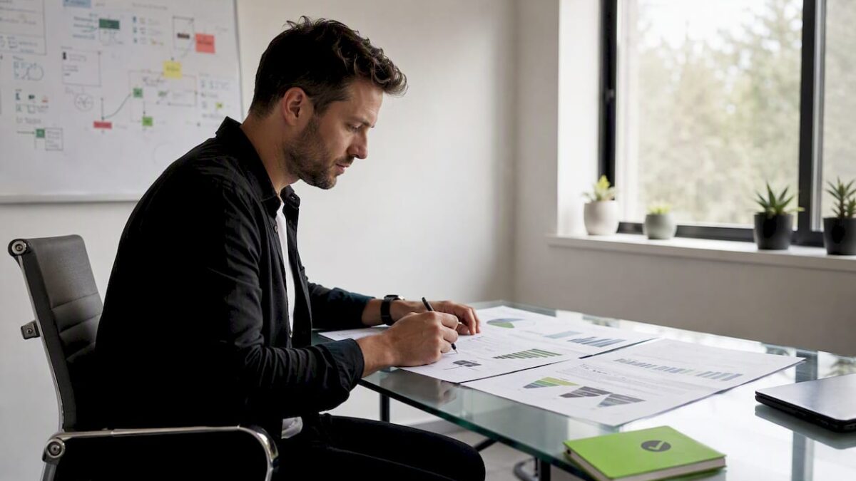 Ecommerce manager reviewing printed analytics sheets