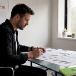 Ecommerce manager reviewing printed analytics sheets