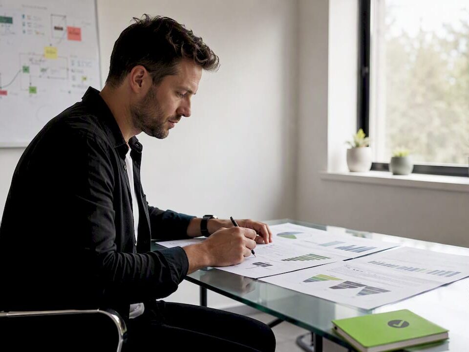 Ecommerce manager reviewing printed analytics sheets