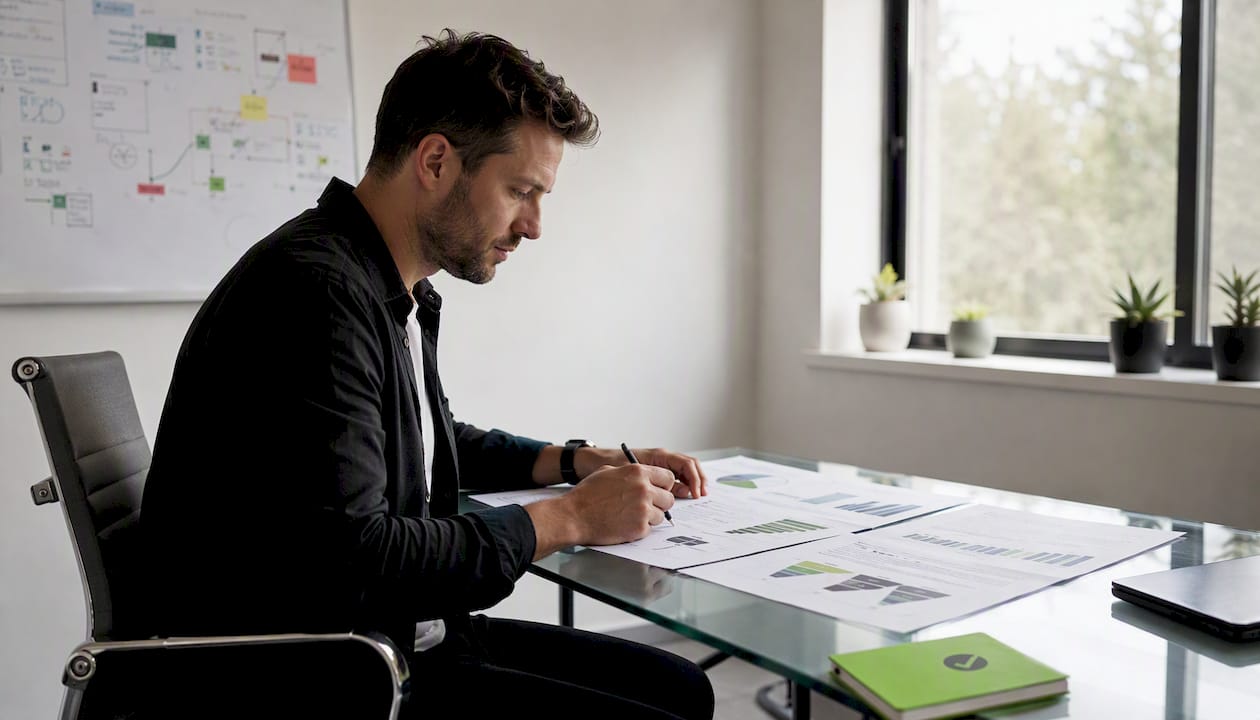 Ecommerce manager reviewing printed analytics sheets