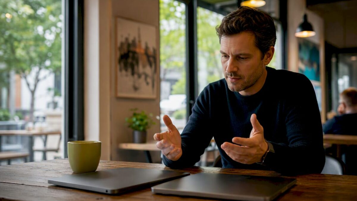 Hands comparing two laptops side-by-side
