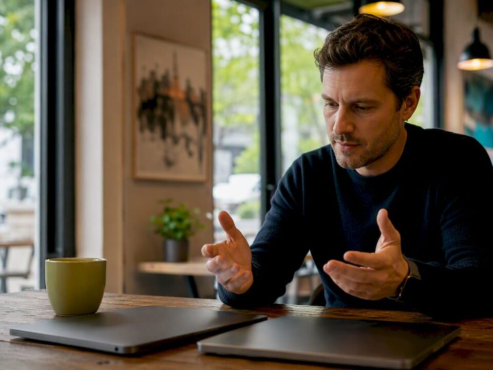 Hands comparing two laptops side-by-side