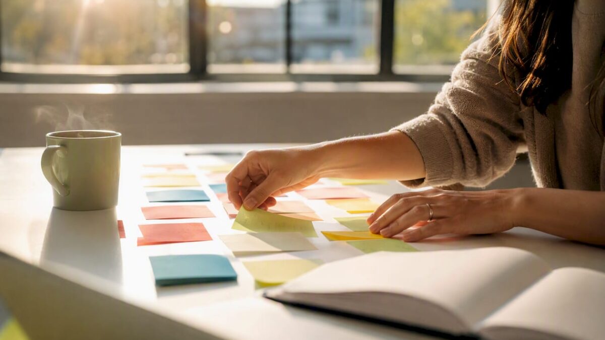 Marketer organizing campaign sticky notes