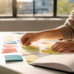 Marketer organizing campaign sticky notes