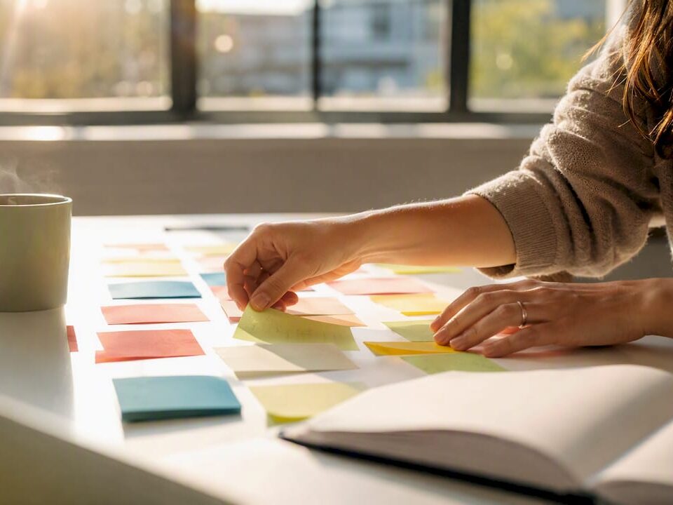 Marketer organizing campaign sticky notes