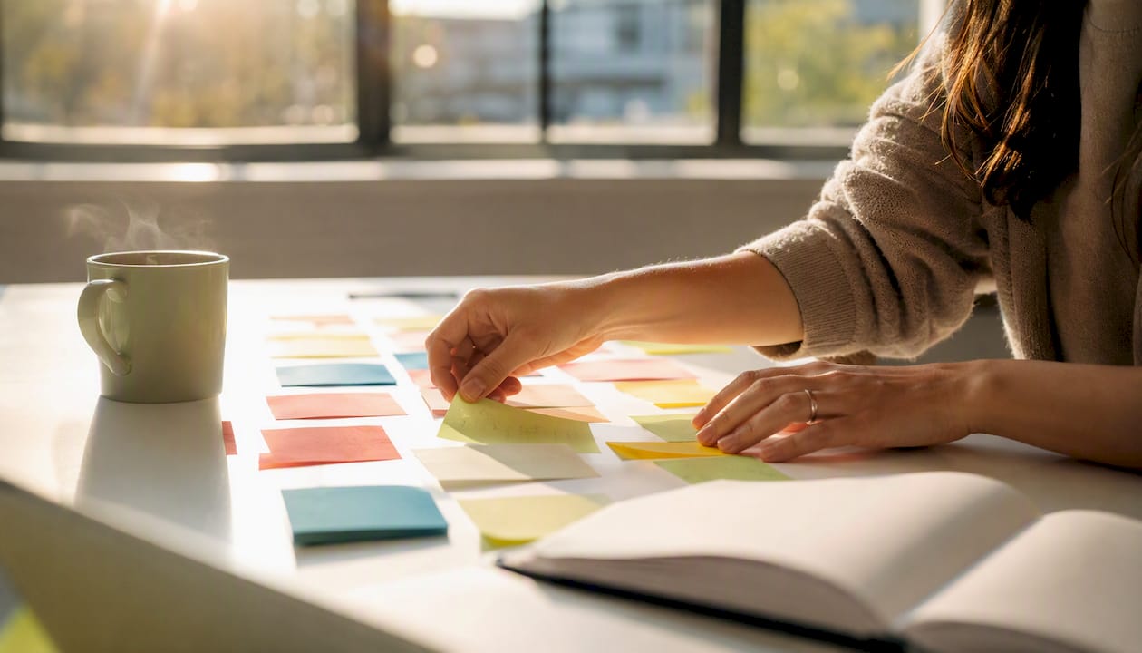 Marketer organizing campaign sticky notes