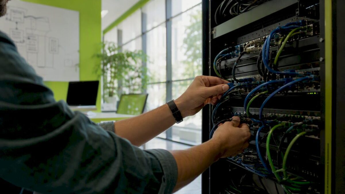 Hands configuring SharePoint server network connections