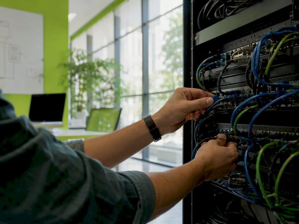 Hands configuring SharePoint server network connections