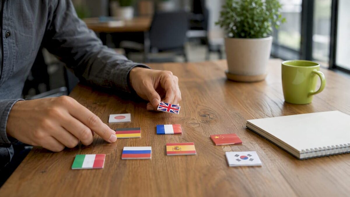 Hands arranging small language flags on desk
