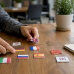 Hands arranging small language flags on desk