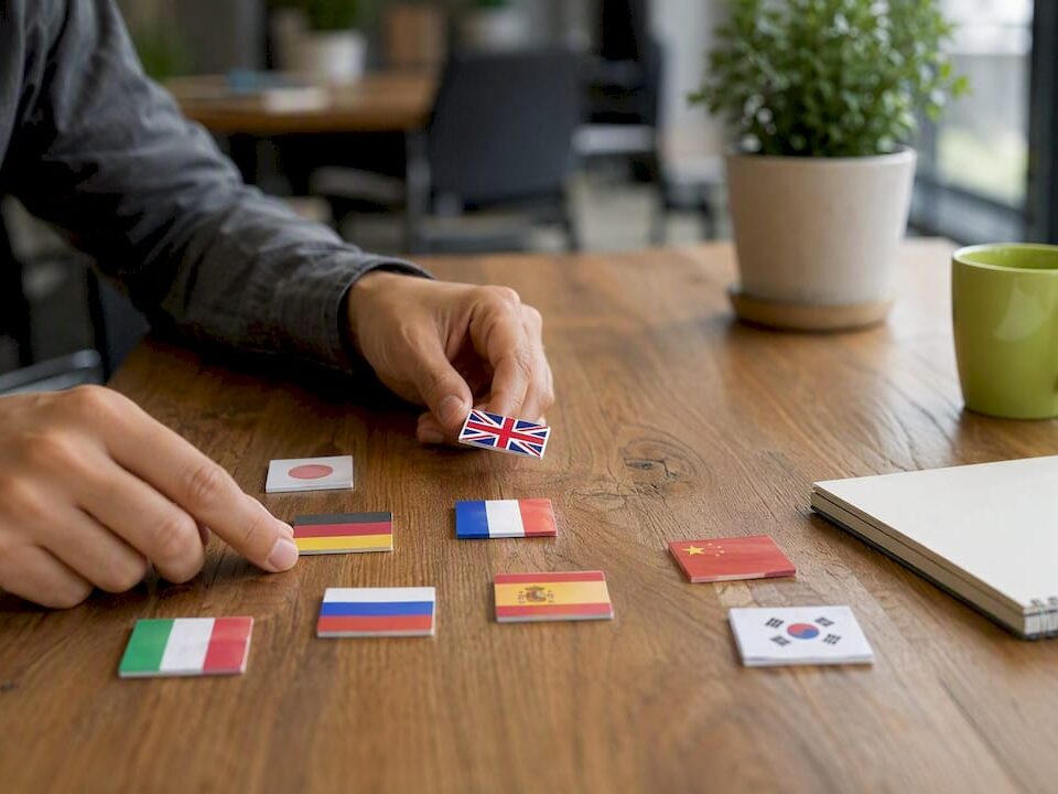 Hands arranging small language flags on desk