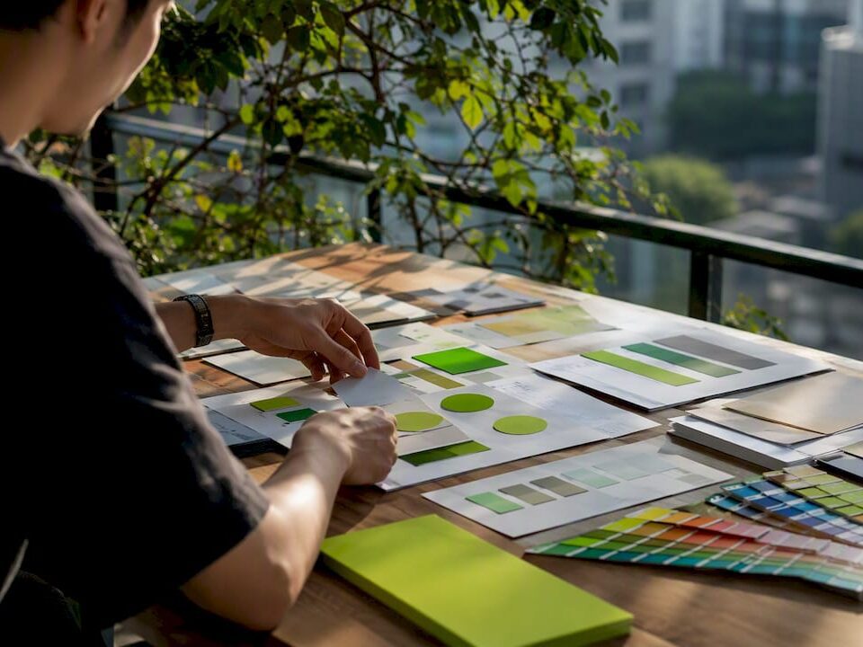 Hands arranging brandbook design elements