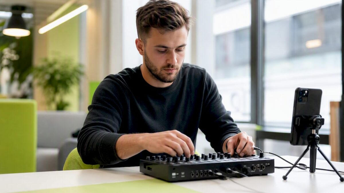Hands adjusting digital devices for social media campaign