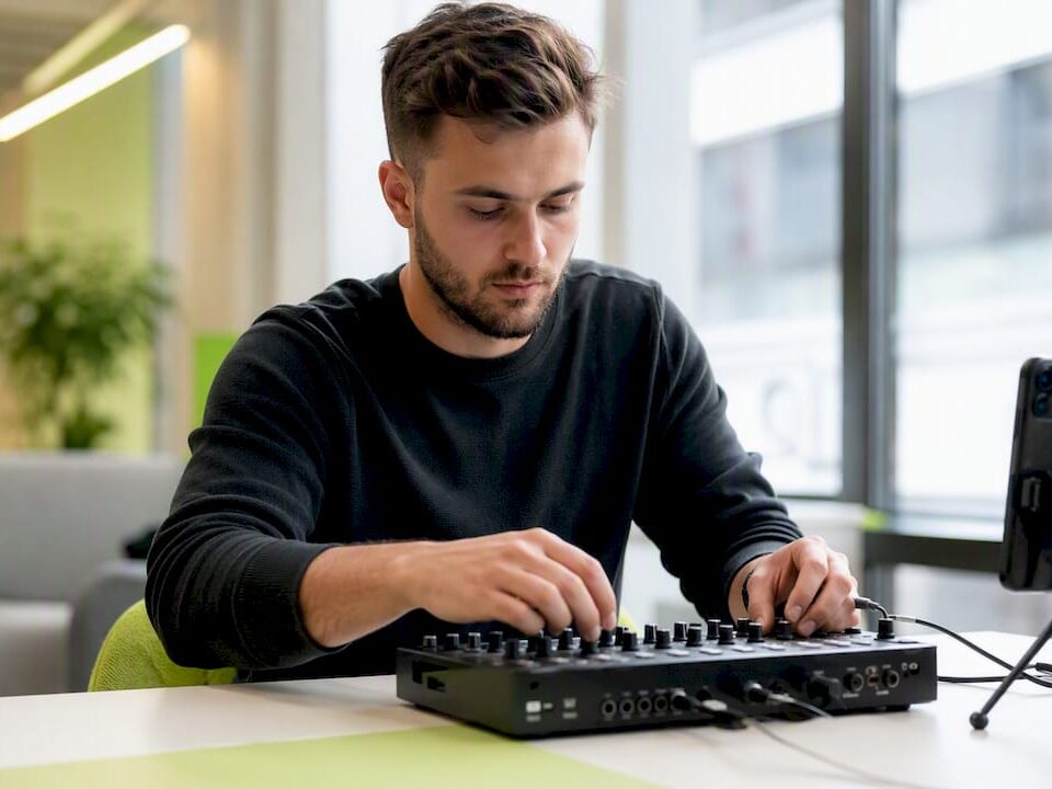 Hands adjusting digital devices for social media campaign