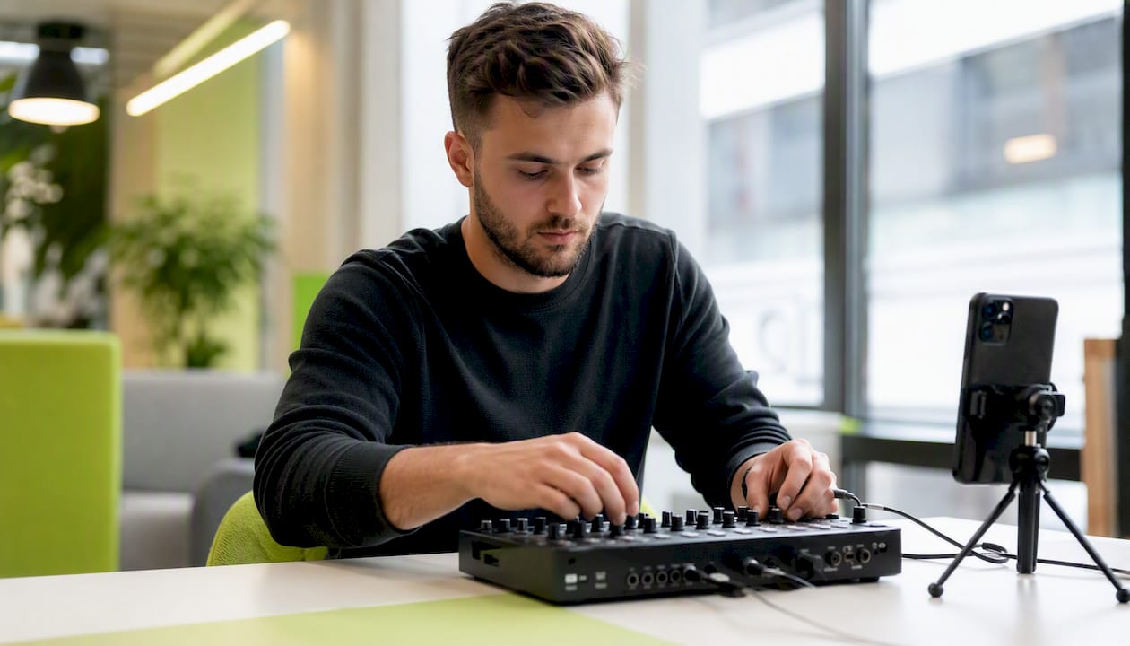 Hands adjusting digital devices for social media campaign