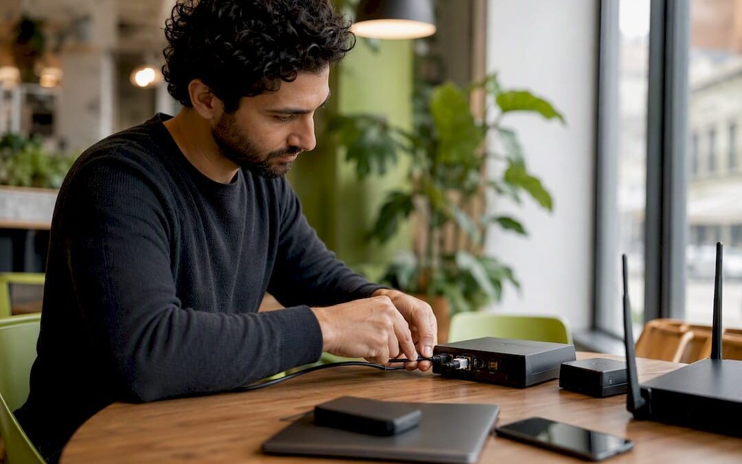 Hands connecting AI device to CRM setup