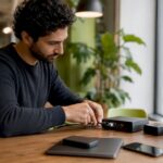 Hands connecting AI device to CRM setup