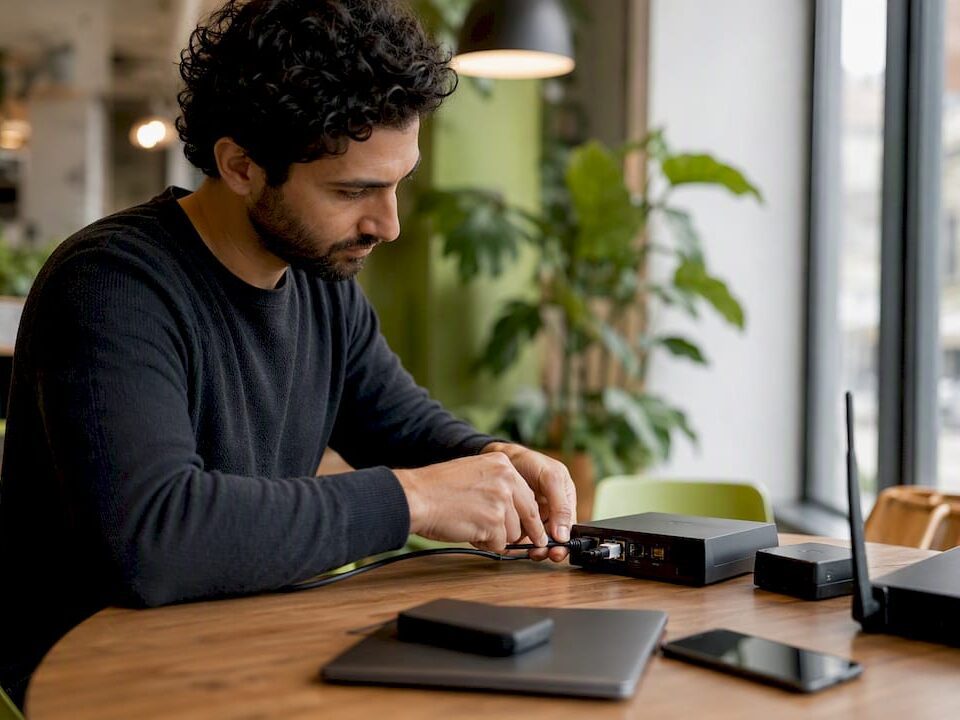 Hands connecting AI device to CRM setup