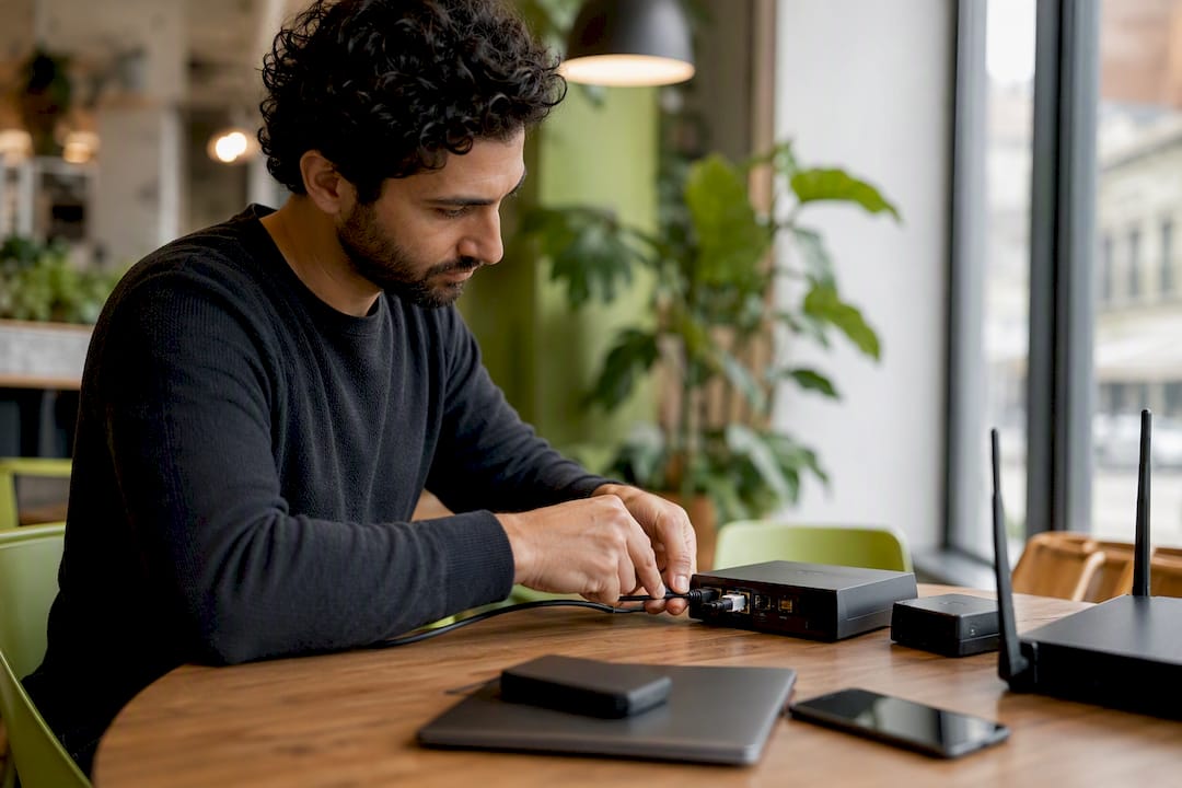 Hands connecting AI device to CRM setup