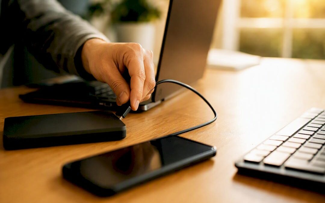 Hand plugging charger cable into device on desk