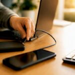 Hand plugging charger cable into device on desk